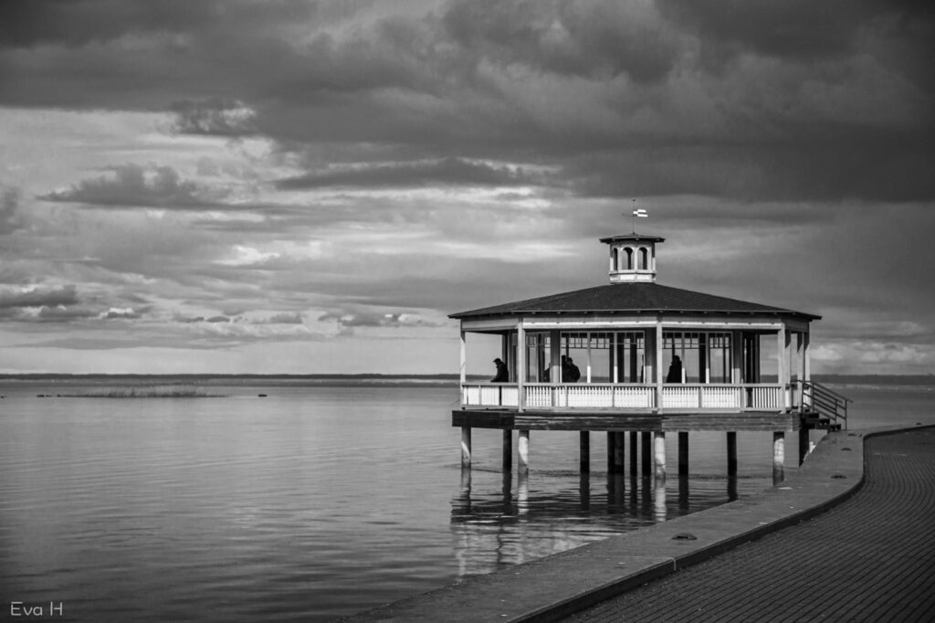 Sort/hvitt fotografi av flatt åpent landskap med lystpaviljong og fiskere